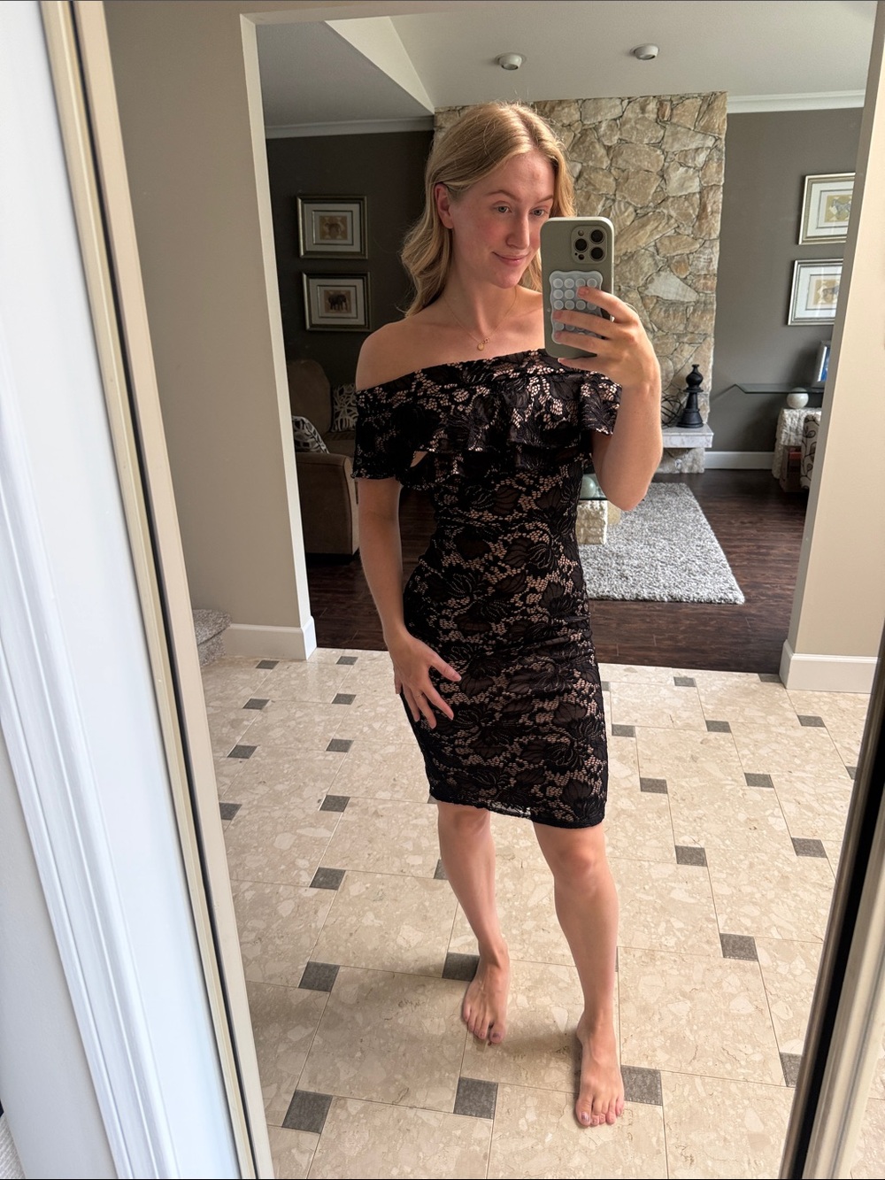le chateau Black Lace Off-Shoulder Midi Dress